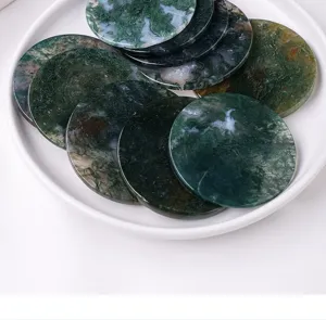 Natural green moss agate round gemstone cabochon slices for jewelry making wholesale
