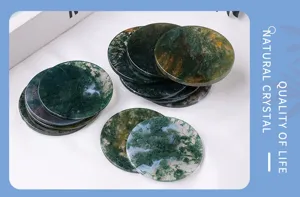 Natural moss agate round stone slice crystal mineral specimen for jewelry making.
