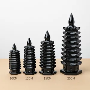 Natural Obsidian Nine Layer Wenchang Pagoda Tower Ornament Crystal Stone Desktop Decoration For Office Home Decor Energy Tower