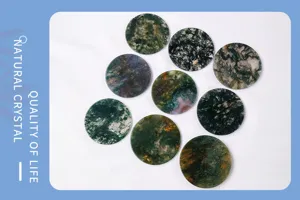 Natural moss agate round cabochons detail, polished crystal gemstone slice for rings and jewelry making.