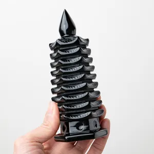 Natural black obsidian nine-tier Wenchang pagoda crystal ornament for home office desk decor