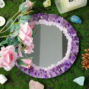 Espejo de piedra triturada de cristal natural hecho a mano, espejo de maquillaje redondo creativo.