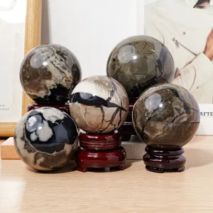 Natural Volcanic Agate Ball Green Luminous Fluorescent Stone Crystal Sphere With Wooden Base For Home Office Desk Decoration