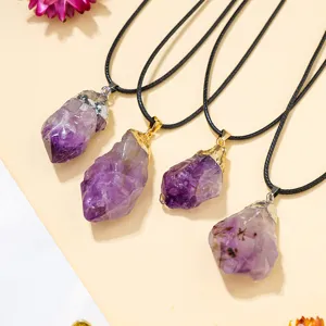 Natürliche Uruguay Amethyst Rohstein Zepter Anhänger Halskette Gold Silber Galvanisiert Mineral Probe Kristall Schmuck Für Unisex
