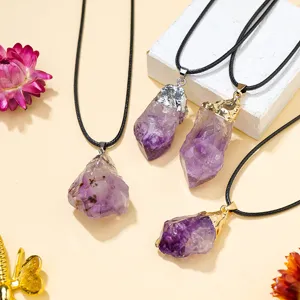Natürlicher Uruguay Amethyst Rohstein Zepter Halskette vergoldete Mineralsammler Anhänger
