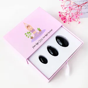 Set di uova yoni in ossidiana nera naturale con scatola rosa per allenamento del pavimento pelvico.
