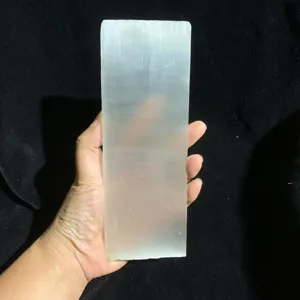 Natural Moroccan selenite crystal slab detail view, raw mineral stone home decor ornament.