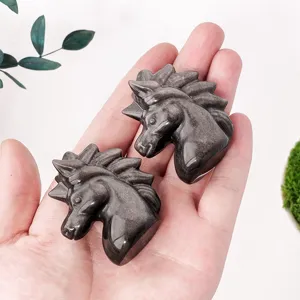 Natural silver obsidian carved unicorn crystal figurine, exquisite desktop decor gift.