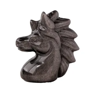 Natural silver obsidian unicorn carving figurine crystal handicraft desktop decor gift