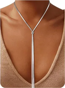 Elegant Y-shape snake chain necklace with adjustable slider, minimalist silver tone design.