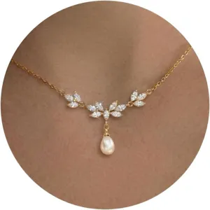Elegante Collar de Perla en Forma de Lágrima de Mariposa y Hoja de Circonia para Mujer Cadena de Cobre Joyería de Moda