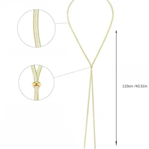 Elegant gold herringbone snake chain lariat necklace with adjustable slider, 110cm.