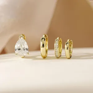 Detailed view of versatile 18k gold plated brass zirconia hoop earrings set for women.