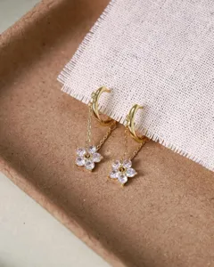 Nahaufnahme filigraner vergoldeter Creolen mit glitzernden Zirkonia-Blütenhängern.