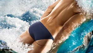 Men's dark blue triangle swim briefs detail shot, premium slim fit design for sports.