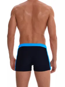Back view detail of mens black swim trunks with blue contrast waistband and side trim.