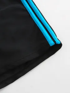 Men's swim trunks detail black fabric bright blue side parallel stripes decoration