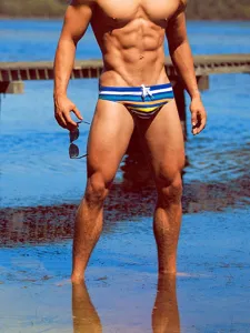 Men colorful striped triangle swim briefs comfortable high elastic summer beach vacation trunks.