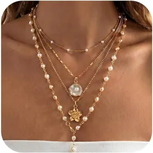Κολιέ Μενταγιόν από Χαλκό με Επιχρύσωση 14K Αστερίας Κοχύλι για Γυναίκες Πολυεπίπεδο Τσόκερ Παραλία Διακοπές Τεχνητό Μαργαριτάρι Κοσμήματα