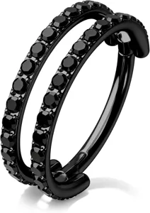 Elegante zwarte dubbele piercingring met zwarte zirkonia steentjes voor dames en heren.
