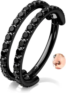 Zwarte dubbele rij zirkonia scharnierende segment ring voor piercing, gotische stijl.