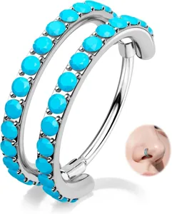 Dubbele blauwe steen scharnierende segment ring voor neuspiercing en oorbellen.