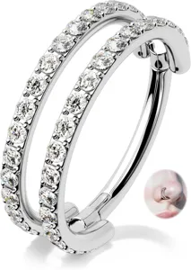 Detail dubbele rij zirkonia scharnierende ring, glanzend zilverkleurig lichaamssieraad.