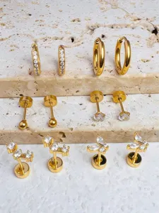 Gold plated cubic zirconia stud and hoop earrings set, elegant daily jewelry style.