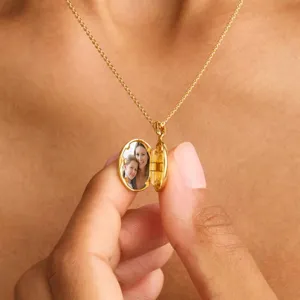 Gold locket necklace for women, openable photo pendant, brass 14k real gold plated jewelry