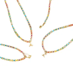 Colorful Beaded Initial Necklace Rainbow Dopamine Letter Pendant Jewelry for Women