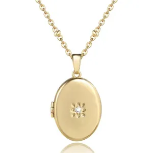 14K Gold Plated Brass Oval Locket Necklace With Zirconia Flower Heart Photo Locket Pendant European Fashion Jewelry For Women