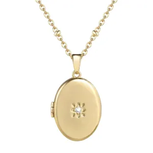 14K Gold Plated Oval Locket Necklace Openable Photo Pendant Zircon Flower Jewelry