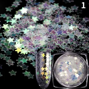 Holografische Stern Nagelglitter Pailletten Detailansicht mit schimmernden Sternchen im Dosen.