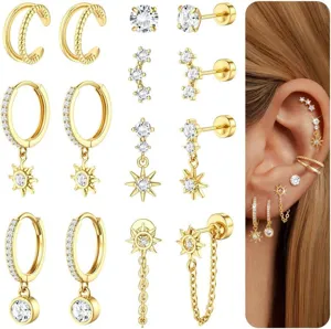 Boucles d'Oreilles Clous en Laiton Plaqué Or Étoile Avec Chaîne Ensemble Strass Tige en Acier Inoxydable Piercing Cartilage Femme