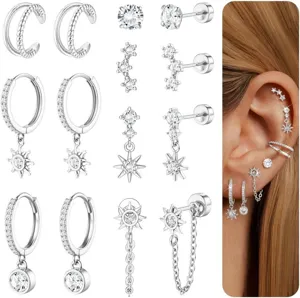 Ensemble de boucles d'oreilles et manchette d'oreille étoile cristal, styles multiples détaillés.