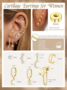 Ensemble de boucles d'oreilles cartilage zircone lune étoile acier chirurgical piercing