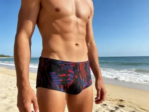 Détail du maillot de bain homme taille basse imprimé avec des motifs rayés rouges et bleus.