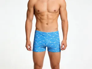 Men's blue boxer brief swim trunks with white rope print for beach swimming and vacation.
