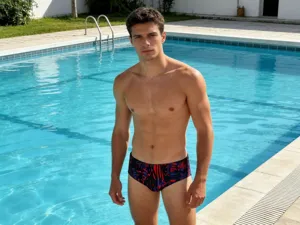 Vue détaillée de maillots de bain homme imprimés taille basse au bord de la piscine.