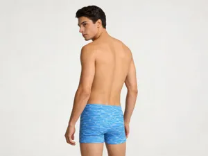 Stylish men's blue printed boxer swim trunks for beach vacation and hot spring swimming.