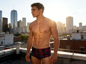 Vue détaillée de maillot de bain homme imprimé taille basse, idéal pour le sport.