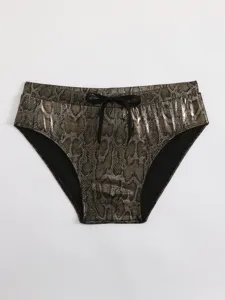 Detailed view of men's low waist metallic snakeskin triangle swim briefs with black drawstrings.