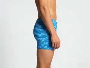 Men's swim trunks side detail view, blue fabric with white rope print pattern for summer beach.
