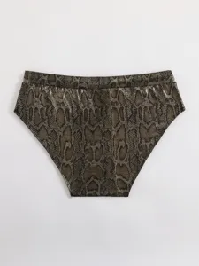 Men metallic snakeskin print low waist swim briefs detail view, shiny gold fabric texture.