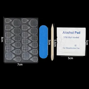 Press-on nail accessories kit with adhesive tabs, nail file, and alcohol prep pad.