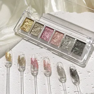 Sechsfarbige feste Nagel Glitzer Lidschatten Palette mit Farbmustern für glänzendes Make-up.