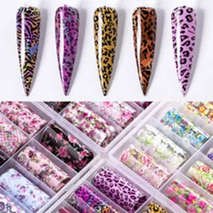 Nail art transfer foil stickers set, colorful leopard and floral patterns for DIY manicure designs.