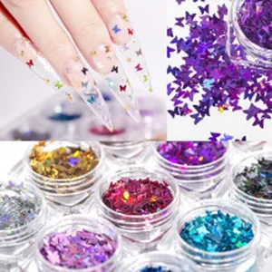 Colorful laser butterfly nail sequins set, holographic glitter flakes for nail art DIY.