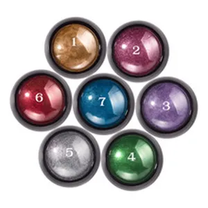 Set of 7 colored solid gel polish pots with numbers, vibrant glossy nail art pigment colors.