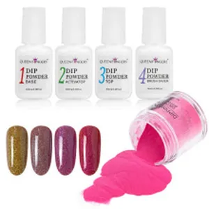 Nail dip powder set detail view featuring color swatches, base and top liquids.